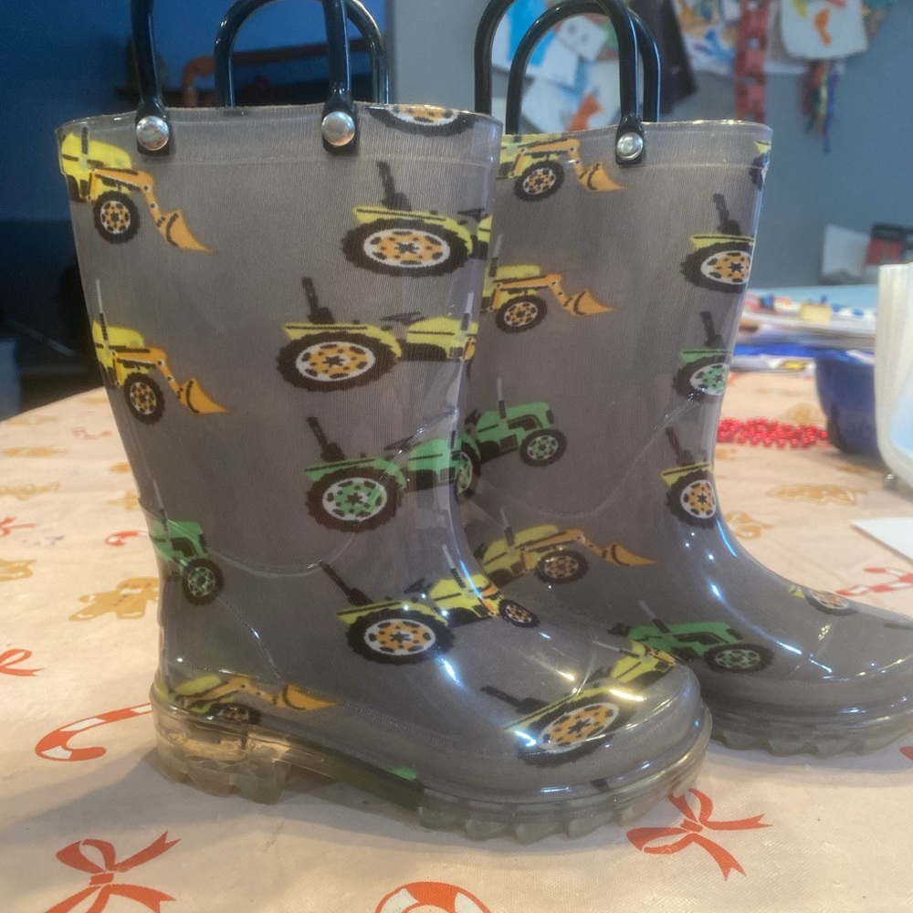 Gray and Green Rubber Rain Boots with Bicycle Pattern